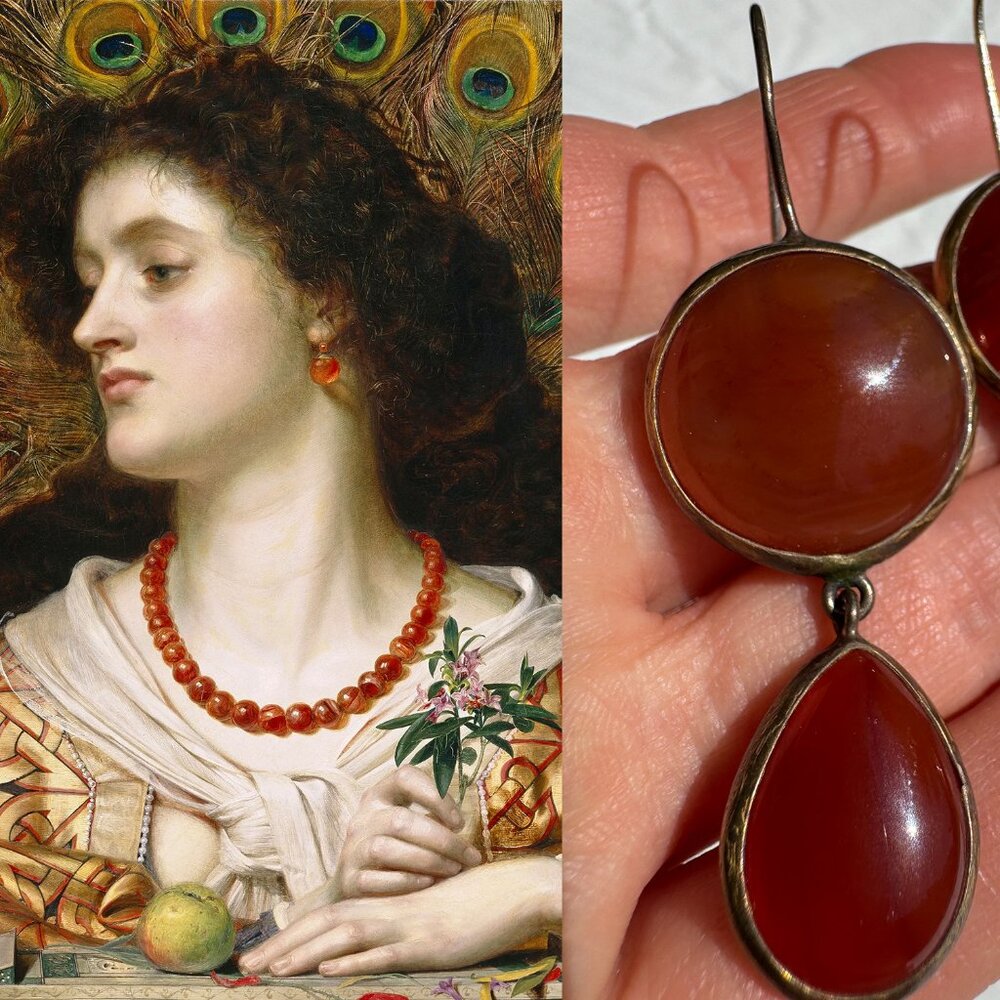Carnelian/Amber and Gold Glazed Double Drop Earrings Roman Victorian Style